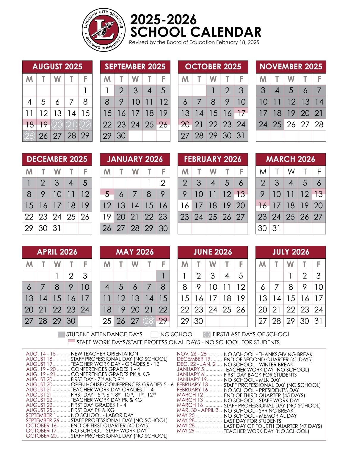 2025-2026 School Calendar